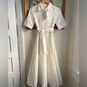 Zara Eyelet Embroidered Ivory Midi Shirt Dress Belted Bridal Vacation NWT XS